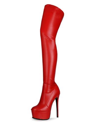 CRETUAO Damen Stretch-Leder-Stiletto-Overknee-Stiefel modische sexy Plateau-Super-High-Heels Nachtclub-Oberschenkelhohe Stiefel Party-Pole-Dance-Stiefel,Rot,38 EU von CRETUAO