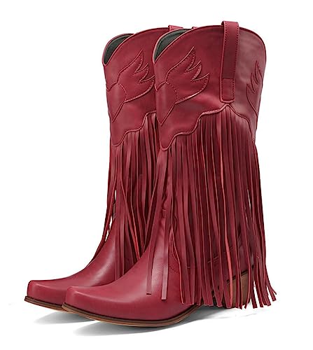 CRETUAO Damen-Western-Cowboy-Stiefel mit mittlerer Wade und Fransen, modische Reitstiefel mit spitzem dickem Absatz breiter Wade, bestickte Bequeme Cowgirl-Stiefel zum Anziehen,Wine red,38 EU von CRETUAO