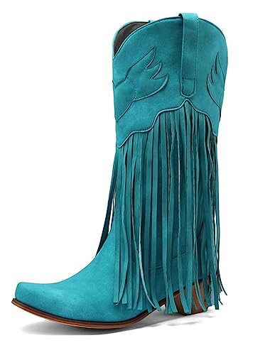 CRETUAO Damen-Western-Cowboy-Stiefel mit mittlerer Wade und Fransen, modische Reitstiefel mit spitzem dickem Absatz breiter Wade, bestickte bequeme Cowgirl-Stiefel zum Anziehen,Blau,41 EU von CRETUAO