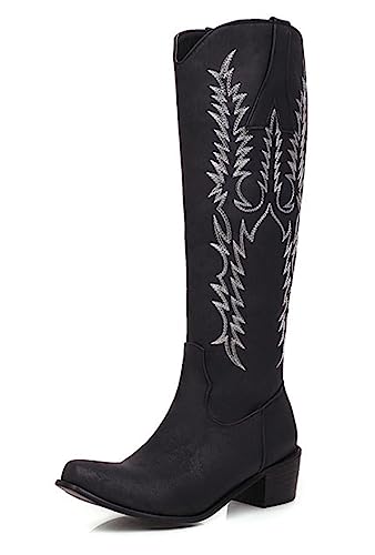 CRETUAO Damen bestickte Western-Kniehohe Stiefel, modische römische Totem-Fleece-Cowgirl-Stiefel mit klobigem Absatz, klassischer Retro-Stiefel mit breiter Wade,Schwarz,46 EU von CRETUAO