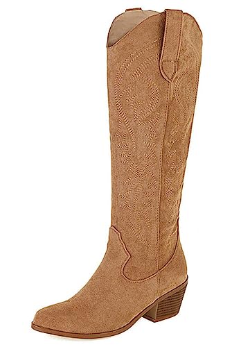 CRETUAO Damen bestickte Western Kniehohe Stiefel,modische spitze Zehen Pull-Stiefel mit klobigem Absatz und langem Schaft,Retro Schmetterlings-Cowgirl-Stiefel mittlerem Absatz,Light brown,38 EU von CRETUAO