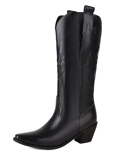 CRETUAO Damen bestickte Western-Kniehohe Stiefel,modische spitze Zehenpartie mit klobigem Absatz und langem Schaft,bequeme Cowgirl-Ritterstiefel mit niedrigem Absatz,1black,46 EU von CRETUAO