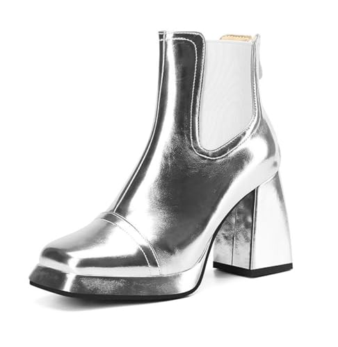 CRETUAO Damen quadratischer Zehenpartie in Metallic-Optik klobigem High-Heel-Stiefeletten,silberne bequeme Reißverschluss hinten kurze Stiefel,Modenschau Catwalk-Party-Stiefeletten,Silber,37 EU von CRETUAO