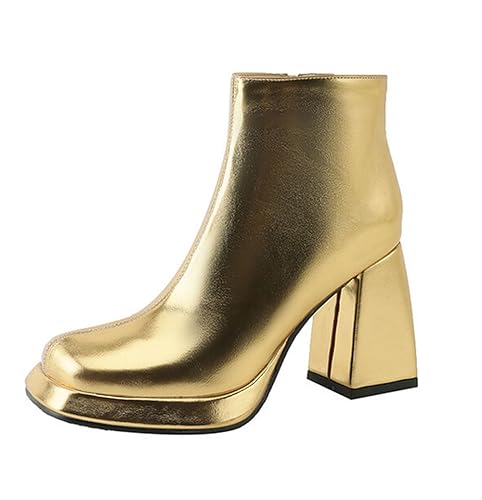 CRETUAO Goldene Damen-Stiefeletten quadratischem Zehenbereich, modische silberne klobiger Absatz hohem Absatz High-Top-Stiefel,Model Performance Catwalk Party Booties,Gold,38 EU von CRETUAO