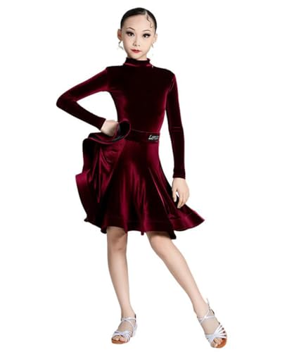 CRETUAO Kinder-Latein-Tanzkleidung, langärmliges Samt-Übungstanzkleid für Mädchen, Standard-Salsa-Tango-Rumba-Bühnenwettbewerbs-Performance-Kleidung,Burgundy,XXL von CRETUAO