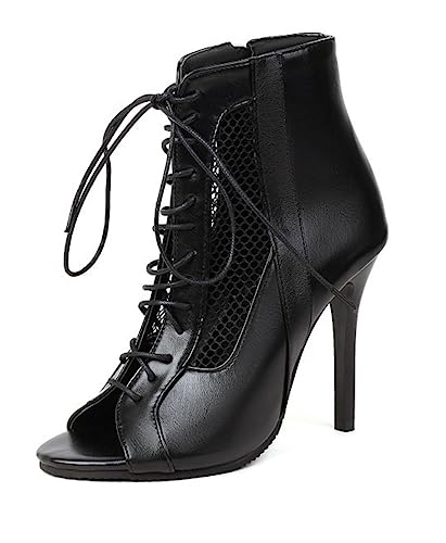 CRETUAO Klassische Damen-Gladiator-Stiletto-High-Heel-Mesh-Stiefel, Retro-Fischmund-Schnürstiefel mit Reißverschluss hinten und modische Jazz-Dance-High-Heels-Sandalen,Schwarz,42 EU von CRETUAO