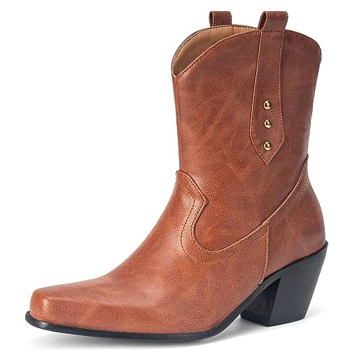 CRETUAO Klassische Nieten-Western-Cowboy-Stiefel für Damen,modische spitze Zehen-Komfort-Stiefelette mit niedrigem Absatz, lässige einfache Cowgirl-Stiefel aus Fleece mit breiter Wade,Braun,40 EU von CRETUAO