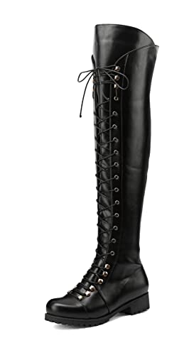 CRETUAO Kniehohe Damen-Stiefel, flach, überkreuzt, mit Spitze über Leder, Reiterstiefel, Klassische runde Zehenpartie, Blockabsatz, Partystiefel, seitlicher Reißverschluss, Reitstiefel,Schwarz,39 EU von CRETUAO