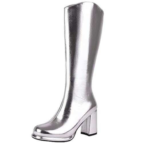 CRETUAO Kniehohe Damen-Stiefel mit Metallic-Spiegel,modische gold-silberne runde Zehen-Ritterstiefel mit hohen Absätzen,sexy lässige Party-Westernstiefel mit Reißverschluss,Silber,36 EU von CRETUAO