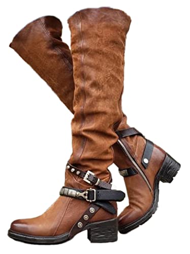 CRETUAO Kniehoher Damenstiefel, Plattform, mittlere Wadenkeile, klobige, seitliche Kampfstiefel mit abgerundeten Zehen, warme Winterschuhe für Damen,Braun,38 EU von CRETUAO