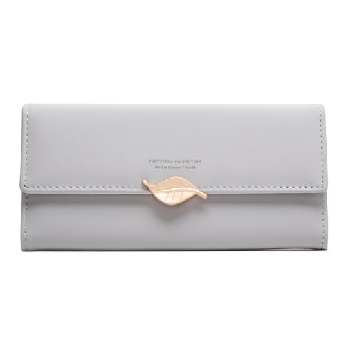 CRETUAO Lange Damen-Geldbörse, modische Blatt-Schnalle, einfache,vielseitige Clutch-Kartentasche,PU-Leder großes Fassungsvermögen, Scheckheft-Organizer, Münzgeldbörse mit Reißverschluss,Grün von CRETUAO