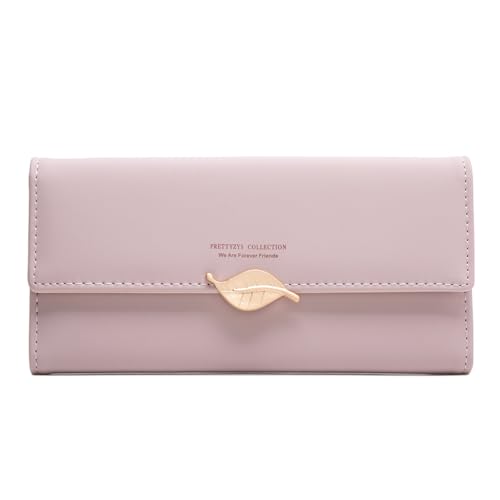 CRETUAO Lange Damen-Geldbörse, modische Blatt-Schnalle, einfache,vielseitige Clutch-Kartentasche,PU-Leder großes Fassungsvermögen, Scheckheft-Organizer, Münzgeldbörse mit Reißverschluss,Rosa von CRETUAO