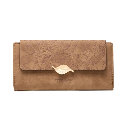 CRETUAO Lange Damen-Geldbörse,Retro-Clutch gefrosteter Blattschnalle,großes Fassungsvermögen,weicher dreifach Faltbarer Kartenhalter,Scheckheft-Organizer,Münzgeldbörse Reißverschluss,Braun von CRETUAO