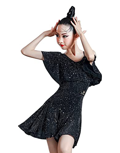 CRETUAO Latein-Wettbewerbskleidung für Kinder, modischer Lateinrock für Mädchen, Performance-Kleidung, Kurzarm-Tanzkleidung mit Strasssteinen, Nationale Standard-Tanzübungskleidung,Schwarz,L von CRETUAO
