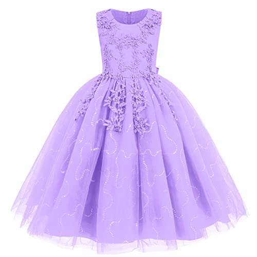 CRETUAO Mädchen Spitze Blumen Bestickt ärmellos Hochzeit Festzug Brautjungfer Blumenkleid Kinder elegant Tüll Geburtstagsfeier Abend formelles Ballkleid Prinzessin langes Kleid,Lila,L von CRETUAO