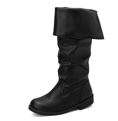 CRETUAO Mittelalterliche Piratenstiefel Damen Bequeme Flache Renaissance-Western-Ritterstiefel Cosplay Halloween-Karnevalsparty niedriger Absatz runde Zehenpartie Vintage-Stiefel,Schwarz,39 EU von CRETUAO