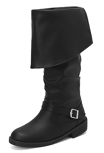 CRETUAO Mittelalterliche Piratenstiefel für Damen,bequeme flache Renaissance-Western-Ritterstiefel zum Anziehen,hohe Stiefel mit Kreuzriemen niedrigem Absatz runder Zehenpartie,Black2,37 EU von CRETUAO