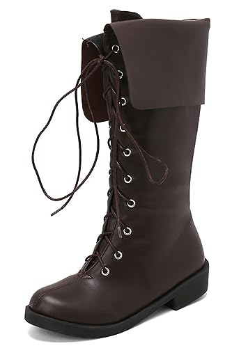 CRETUAO Mittelalterliche Piratenstiefel für Damen,bequeme flache Renaissance-Western-Ritterstiefel zum Anziehen,hohe Stiefel mit Kreuzriemen niedrigem Absatz runder Zehenpartie,Brown1,40 EU von CRETUAO