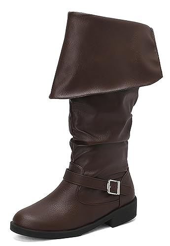 CRETUAO Mittelalterliche Piratenstiefel für Damen,bequeme flache Renaissance-Western-Ritterstiefel zum Anziehen,hohe Stiefel mit Kreuzriemen niedrigem Absatz runder Zehenpartie,Brown2,42 EU von CRETUAO