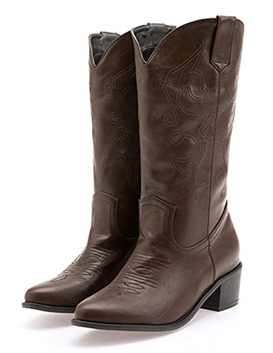 CRETUAO Mittlere Wadenstiefel für Damen, Western-Cowgirl-Stiefel mit klobigem Absatz, Damen-Snip-Toe-Cowboystiefel mit mittlerer Wade,Braun,42 EU von CRETUAO