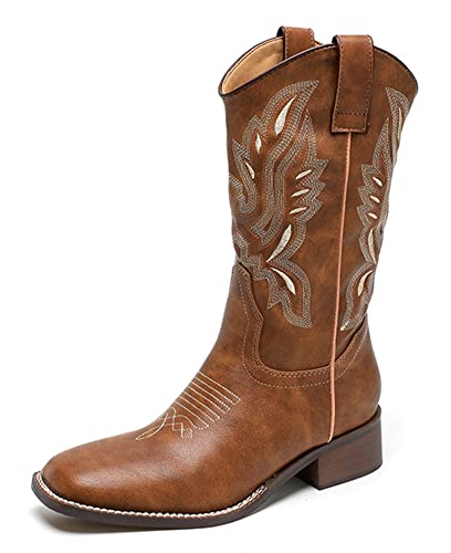 CRETUAO Mittlere Wadenstiefel für Damen, Western-Cowgirl-Stiefel mit klobigem Absatz, Damen-Snip-Toe-Cowboystiefel mit mittlerer Wade,Khaki,42 EU von CRETUAO