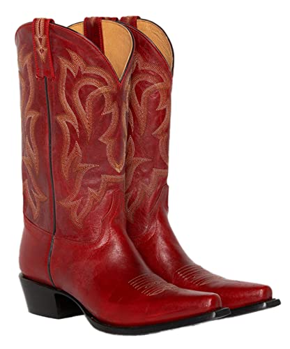 CRETUAO Mittlere Wadenstiefel für Damen, Western-Cowgirl-Stiefel mit klobigem Absatz, Damen-Snip-Toe-Cowboystiefel mit mittlerer Wade,Rot,38 EU von CRETUAO