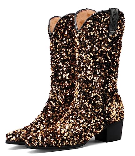 CRETUAO Modische Damen Glitzer Pailletten Cowboy Mitte Wade stiefel, sexy spitze Zehenpartie mit klobigem Absatz Nachtclub Stiefel, Metallic-Farbe Disco-Abschlussball-Party-Stiefel,Gold,39 EU von CRETUAO