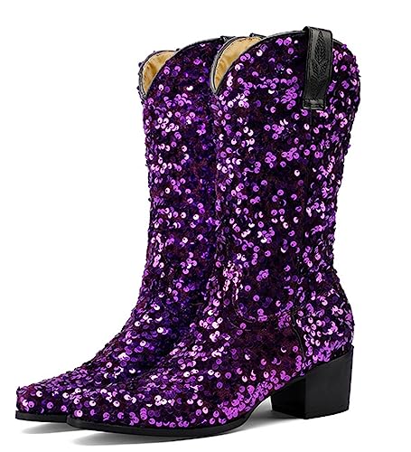 CRETUAO Modische Damen Glitzer Pailletten Cowboy Mitte Wade stiefel, sexy spitze Zehenpartie mit klobigem Absatz Nachtclub Stiefel, Metallic-Farbe Disco-Abschlussball-Party-Stiefel,Lila,38 EU von CRETUAO