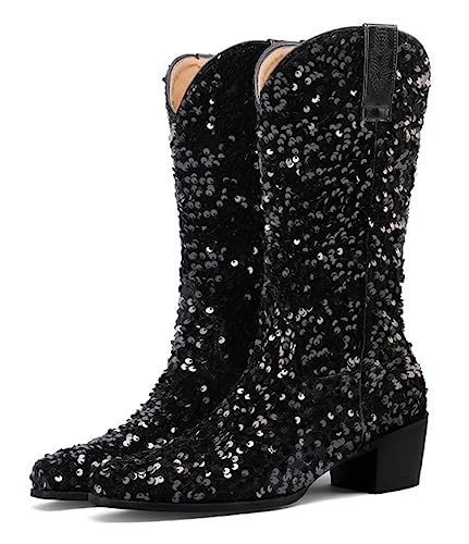 CRETUAO Modische Damen Glitzer Pailletten Cowboy Mitte Wade stiefel, sexy spitze Zehenpartie mit klobigem Absatz Nachtclub Stiefel, Metallic-Farbe Disco-Abschlussball-Party-Stiefel,Schwarz,39 EU von CRETUAO