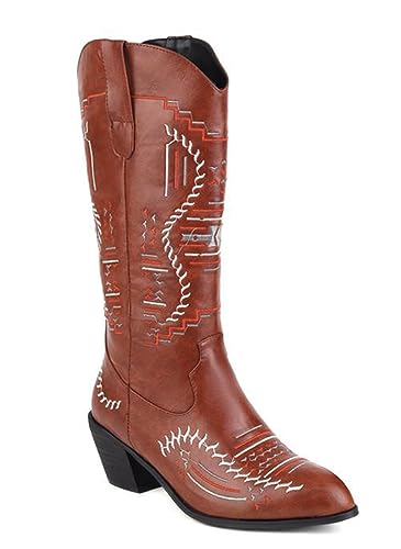 CRETUAO Modische floral bestickte Western-Cowgirl-Stiefel Damen,Klassische Reitstiefel mit runder Zehenpartie klobigem Absatz,Bequeme Hochzeitsstiefel zum Überziehen mit mittlerer Wade,Braun,44 EU von CRETUAO