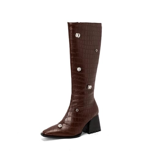 CRETUAO Modische kniehohe Stiefel mit quadratischer Zehenpartie Damen elegante Reitstiefel mit Steinmuster klobigem Absatz bequeme lange Party-Stiefel Strasssteinen im Retro-Stil,Braun,37 EU von CRETUAO