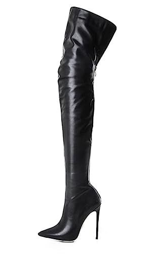 CRETUAO Overknee-Stiefel mit hohem Absatz Damen,sexy spitzer Zehenbereich Stiletto Reißverschluss hinten Langer Stiefel,modische Stretch Übergröße Oberschenkel-hoher Absatz,Schwarz,40 EU von CRETUAO