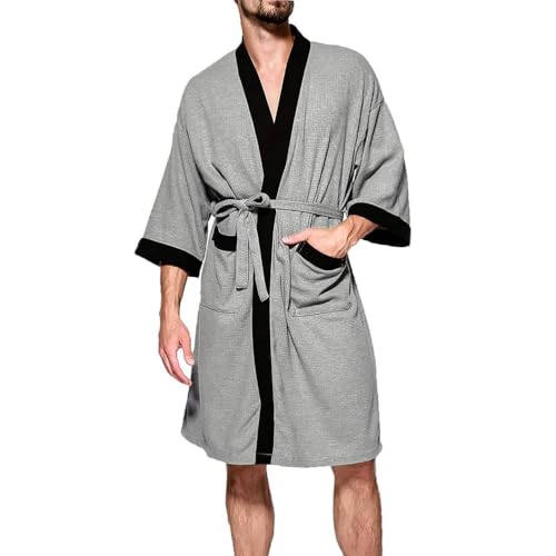 Herren Bademantel Leicht Sommer, 100% Baumwolle Kimono Bathrobe Men Mikrofaser Morgenmantel Frottee Saunamantel Sauna Bath Robe Mantel Hausmantel,Gray black,L von CRETUAO