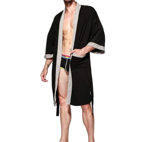Herren Bademantel Leicht Sommer, 100% Baumwolle Kimono Bathrobe Men Mikrofaser Morgenmantel Frottee Saunamantel Sauna Bath Robe Mantel Hausmantel,Schwarz,L von CRETUAO