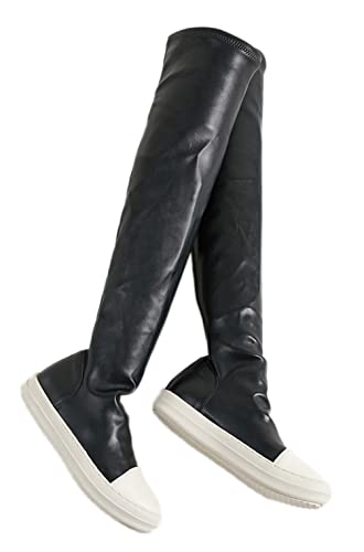 CRETUAO Überknie-Stretch-Lederstiefel für Damen, runder Zeh, klobiger Absatz, Flacher Slip-On, sexy Leder, chirurgisches Stretch-Reitvlies, warme hohe Stiefel,Schwarz,39 EU von CRETUAO