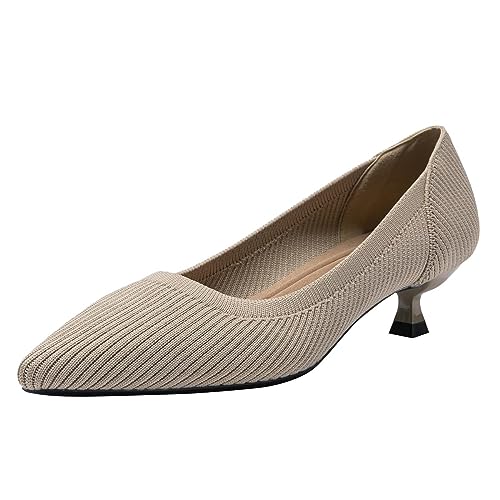 Damen-Pumps mit Kitten-Absatz und weichem Boden modische Spitze Zehen Bequeme niedrige Absätze Prinzessinnenschuhe Klassische Strick-Pumps für Hochzeits Partykleider,Apricot,37 EU von CRETUAO