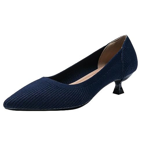 Damen-Pumps mit Kitten-Absatz und weichem Boden modische Spitze Zehen Bequeme niedrige Absätze Prinzessinnenschuhe Klassische Strick-Pumps für Hochzeits Partykleider,Blau,35 EU von CRETUAO