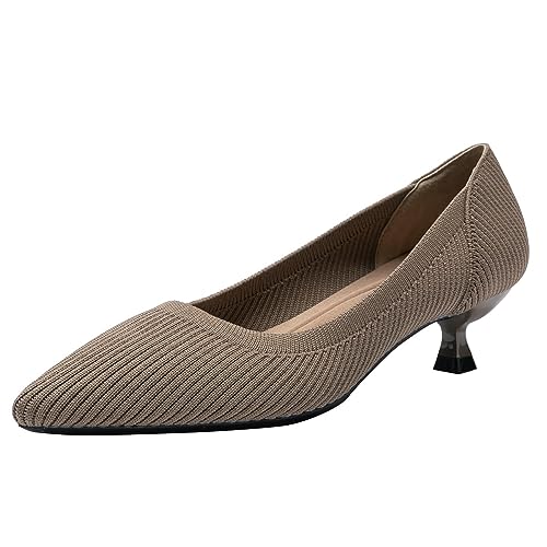 Damen-Pumps mit Kitten-Absatz und weichem Boden modische Spitze Zehen Bequeme niedrige Absätze Prinzessinnenschuhe Klassische Strick-Pumps für Hochzeits Partykleider,Dark apricot,37 EU von CRETUAO