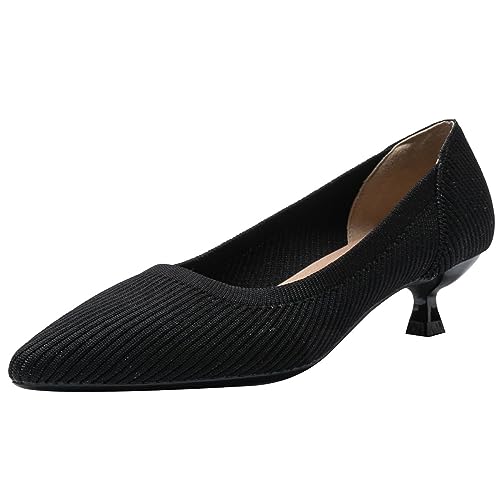 Damen-Pumps mit Kitten-Absatz und weichem Boden modische Spitze Zehen Bequeme niedrige Absätze Prinzessinnenschuhe Klassische Strick-Pumps für Hochzeits Partykleider,Schwarz,37 EU von CRETUAO