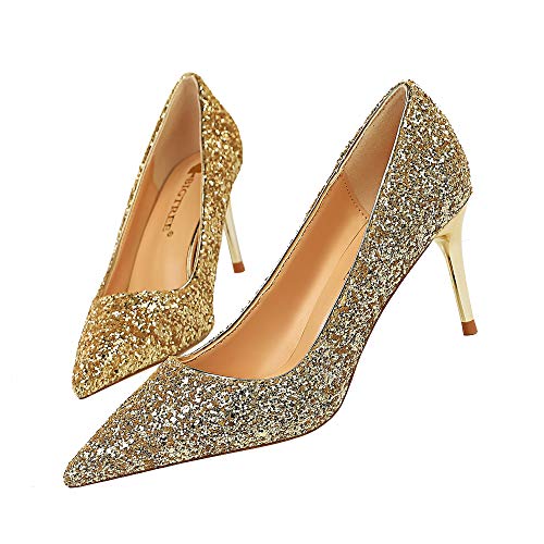 Europäischer und amerikanischer Stil Spitzschuh High Heel Pailletten Sexy Nachtclub High Heel Prom Hochzeit Closed Toe Pumps,Gold Heel 7cm,39 EU von CRETUAO