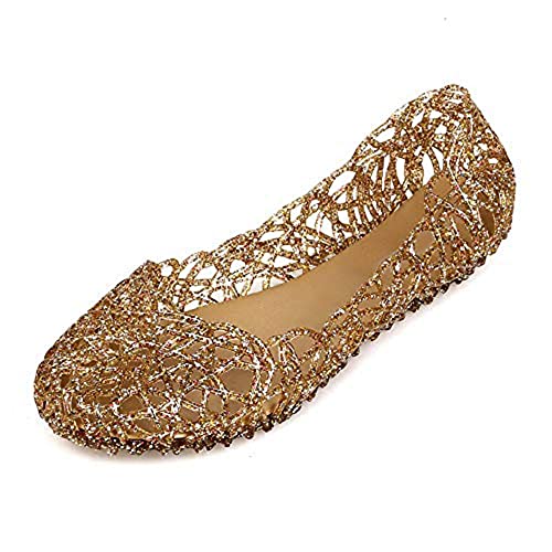 Flache Kristallgelee-Sandalen für Damen, Slipper, Strandsandalen, Sommer, weiche, Hohle Ballerinas für Damen,Gold,37 EU von CRETUAO