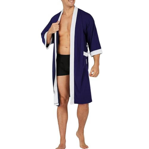 Herren Bademantel Leicht Sommer, 100% Baumwolle Kimono Bathrobe Men Mikrofaser Morgenmantel Frottee Saunamantel Sauna Bath Robe Mantel Hausmantel,Blau,XL von CRETUAO