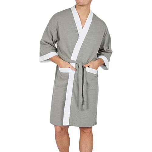 Herren Bademantel Leicht Sommer, 100% Baumwolle Kimono Bathrobe Men Mikrofaser Morgenmantel Frottee Saunamantel Sauna Bath Robe Mantel Hausmantel,Gray White,S von CRETUAO
