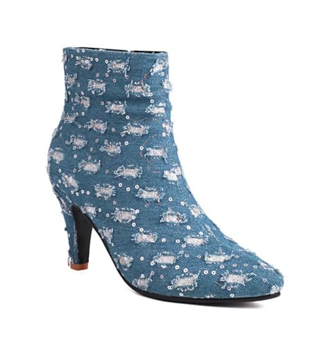 Hohe Stiletto-Stiefeletten für Damen,glänzende Schlangenleder-Stiefel mit spitzer Zehenpartie und Reißverschluss,sexy Denim-Stiefeletten mit Kitten-Heel-Absatz für Hochzeiten,1 dark blue,45 EU von CRETUAO