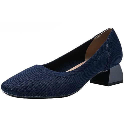 Klassische gestrickte Damen-Pumps mit quadratischer Zehenpartie,modischer Slip-on Blockabsatz Bequeme lässige formelle Abendschuhe,niedrige Absätze für Hochzeiten Partys,Blau,43 EU von CRETUAO