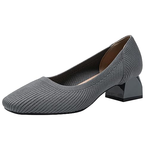 Klassische gestrickte Damen-Pumps mit quadratischer Zehenpartie,modischer Slip-on Blockabsatz Bequeme lässige formelle Abendschuhe,niedrige Absätze für Hochzeiten Partys,Grau,37 EU von CRETUAO