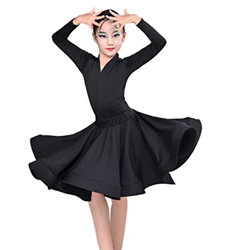 Mädchen Latein Tanzkleid Ballsaal Kindertanzkostüme Samba Tango Salsa Tanzkostüme Bühnenkostüme Moderner Jazztanz Swingröcke,Black Long Sleeves,3XL von CRETUAO