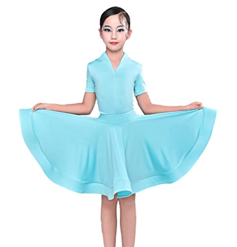 Mädchen Latein Tanzkleid Ballsaal Kindertanzkostüme Samba Tango Salsa Tanzkostüme Bühnenkostüme Moderner Jazztanz Swingröcke,Blue Short Sleeves,M von CRETUAO