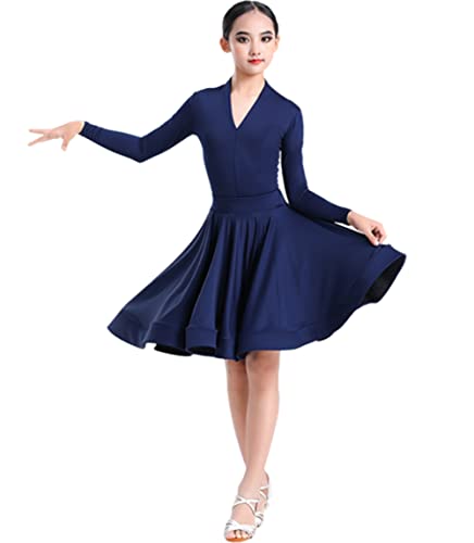 Mädchen Latein Tanzkleid Ballsaal Kindertanzkostüme Samba Tango Salsa Tanzkostüme Bühnenkostüme Moderner Jazztanz Swingröcke,Navy nlue Long Sleeves,3XL von CRETUAO