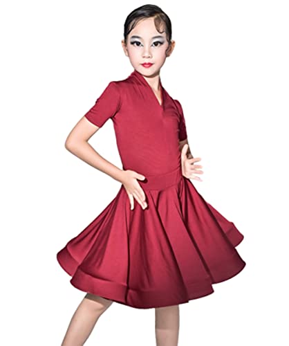 Mädchen Latein Tanzkleid Ballsaal Kindertanzkostüme Samba Tango Salsa Tanzkostüme Bühnenkostüme Moderner Jazztanz Swingröcke,Wine red Short Sleeves,XL von CRETUAO